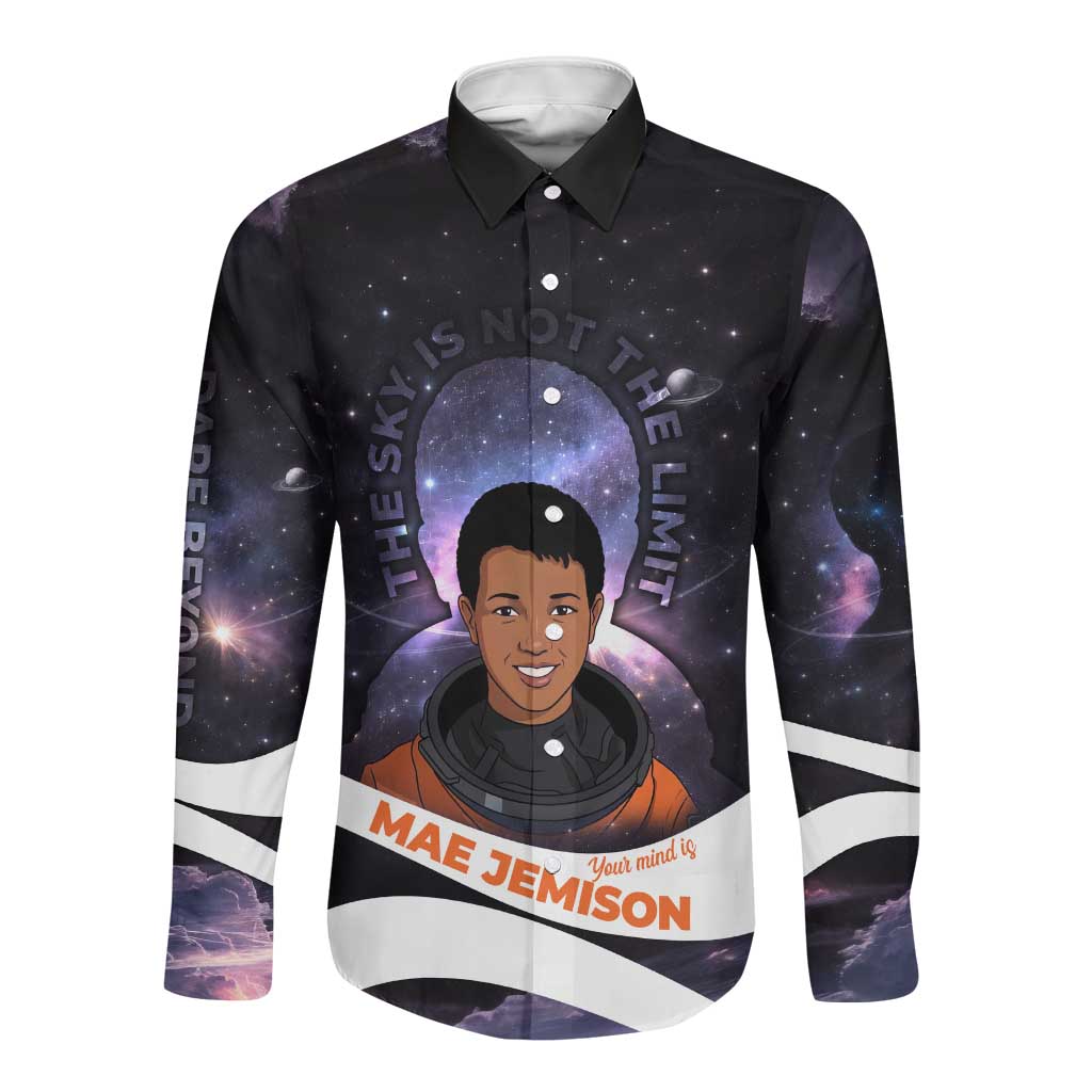 Mae Jemison Long Sleeve Button Shirt Cartoon Astronaut Portrait, The Sky Is Not the Limit Quote and Galaxy Dreamer - Wonder Print Shop