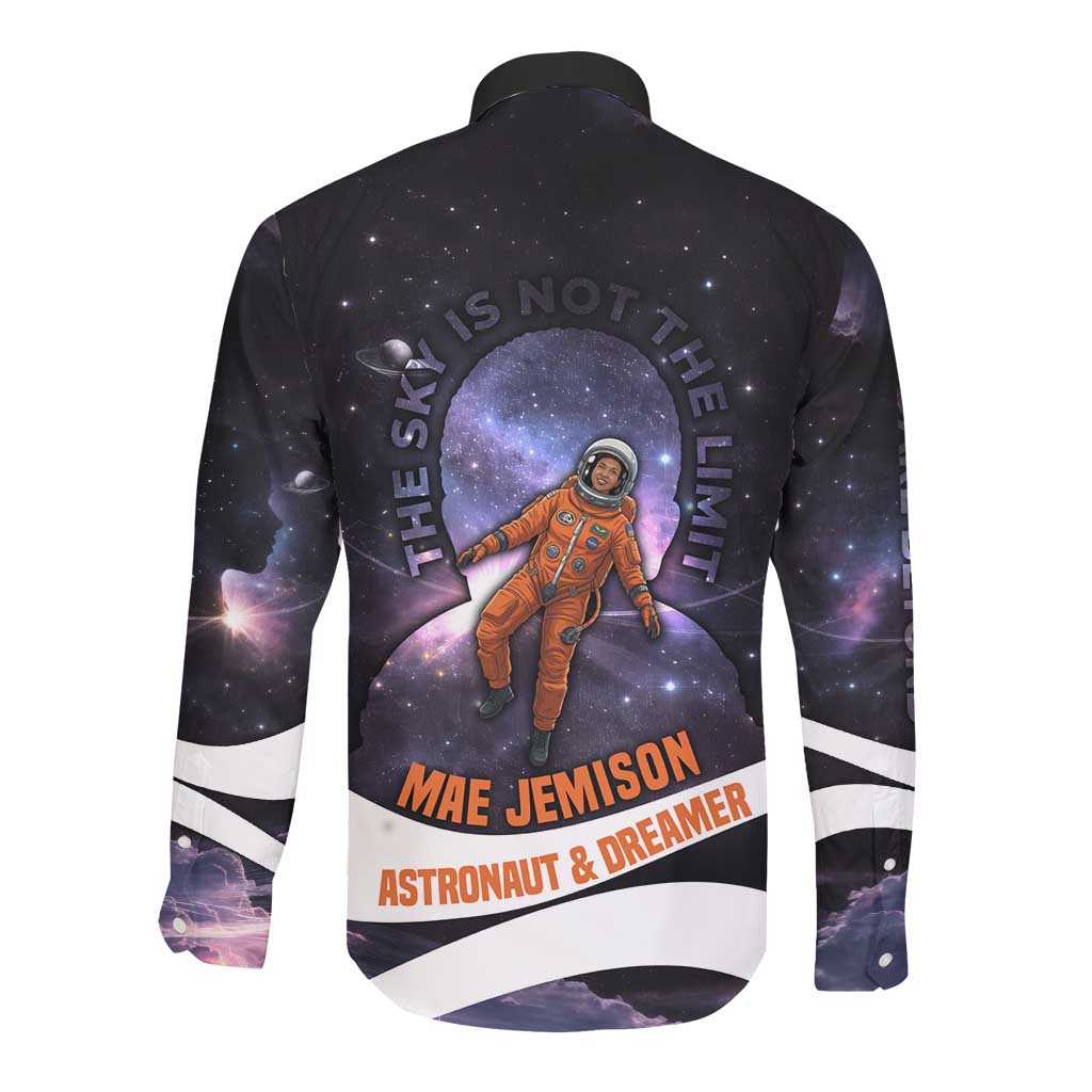 Mae Jemison Long Sleeve Button Shirt Cartoon Astronaut Portrait, The Sky Is Not the Limit Quote and Galaxy Dreamer - Wonder Print Shop
