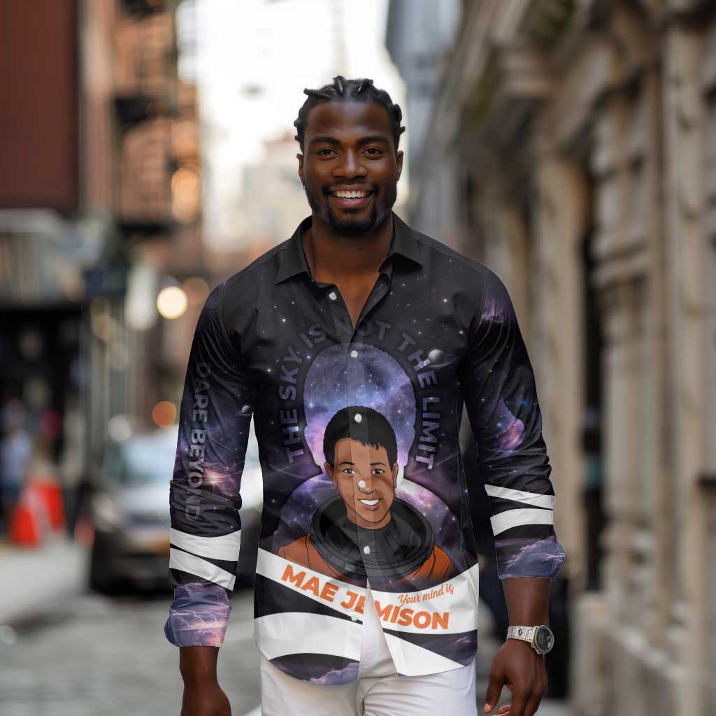 Mae Jemison Long Sleeve Button Shirt Cartoon Astronaut Portrait, The Sky Is Not the Limit Quote and Galaxy Dreamer - Wonder Print Shop