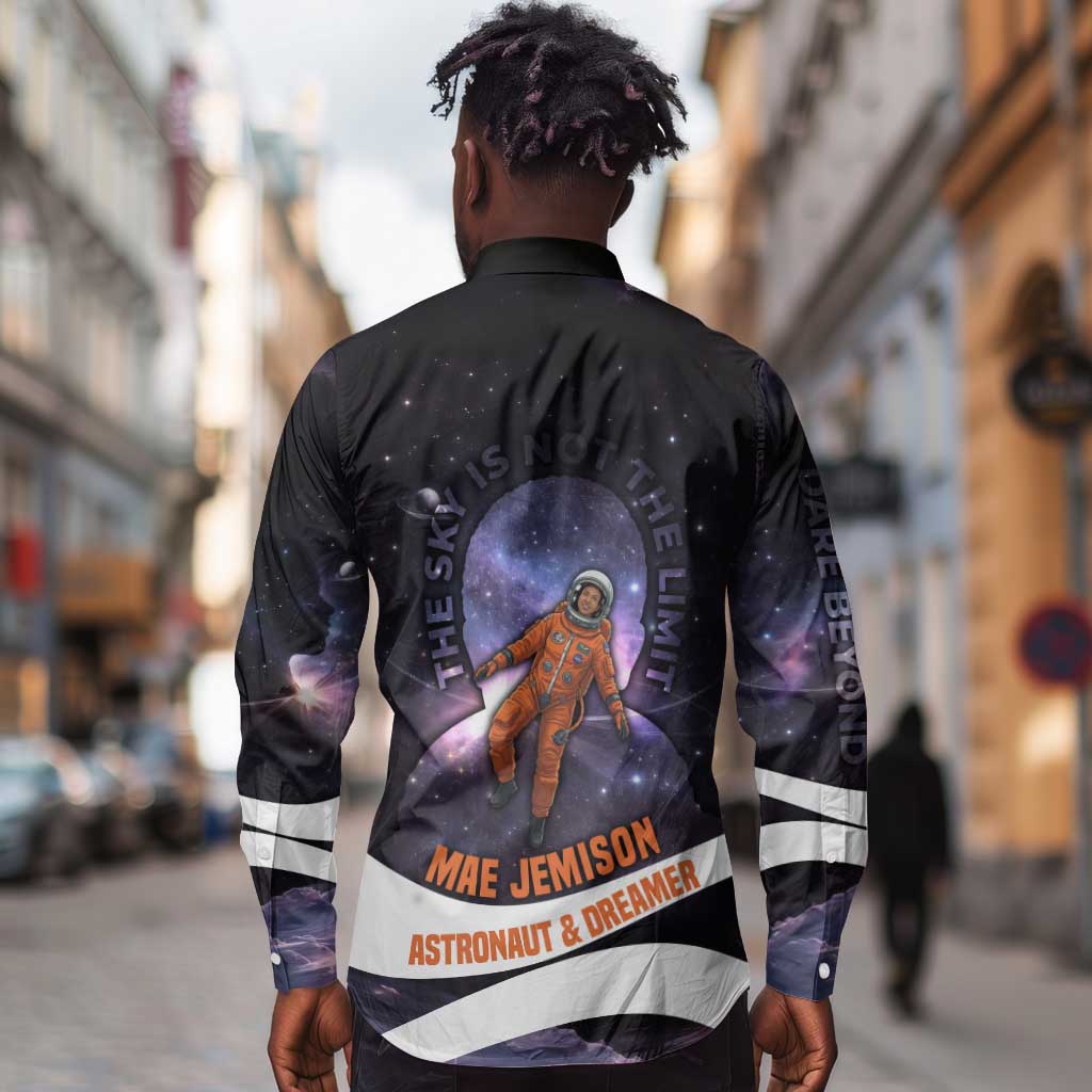 Mae Jemison Long Sleeve Button Shirt Cartoon Astronaut Portrait, The Sky Is Not the Limit Quote and Galaxy Dreamer - Wonder Print Shop
