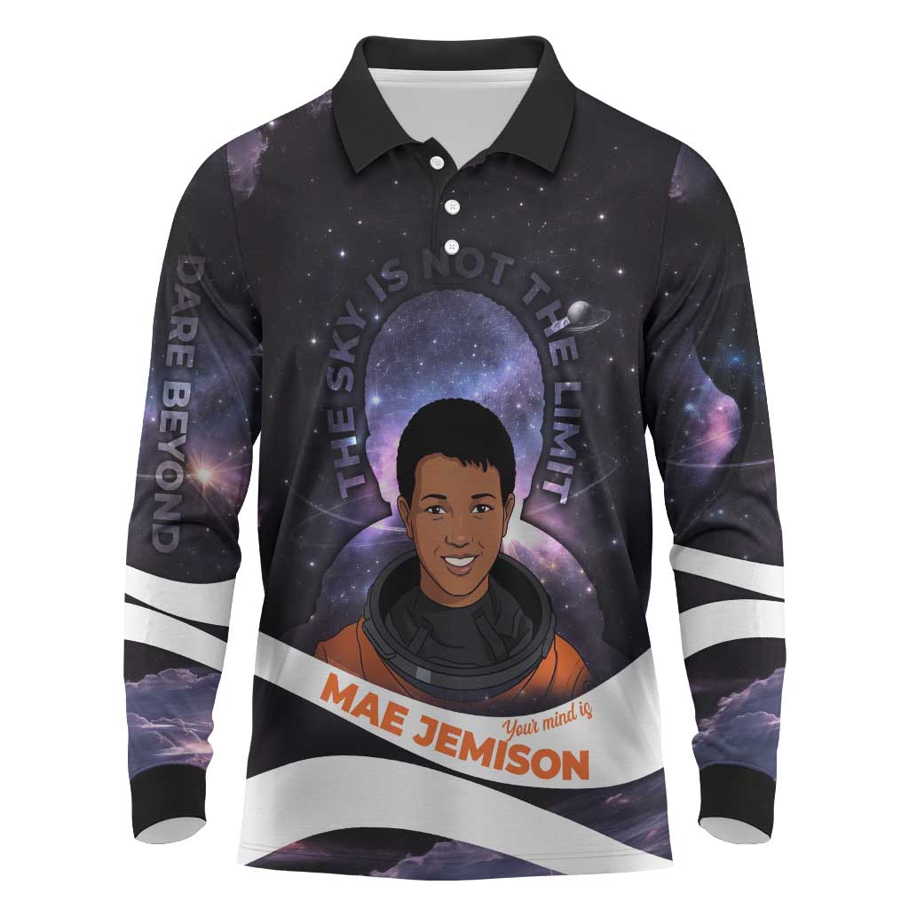 Mae Jemison Long Sleeve Polo Shirt Cartoon Astronaut Portrait, The Sky Is Not the Limit Quote and Galaxy Dreamer - Wonder Print Shop