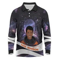Mae Jemison Long Sleeve Polo Shirt Cartoon Astronaut Portrait, The Sky Is Not the Limit Quote and Galaxy Dreamer - Wonder Print Shop