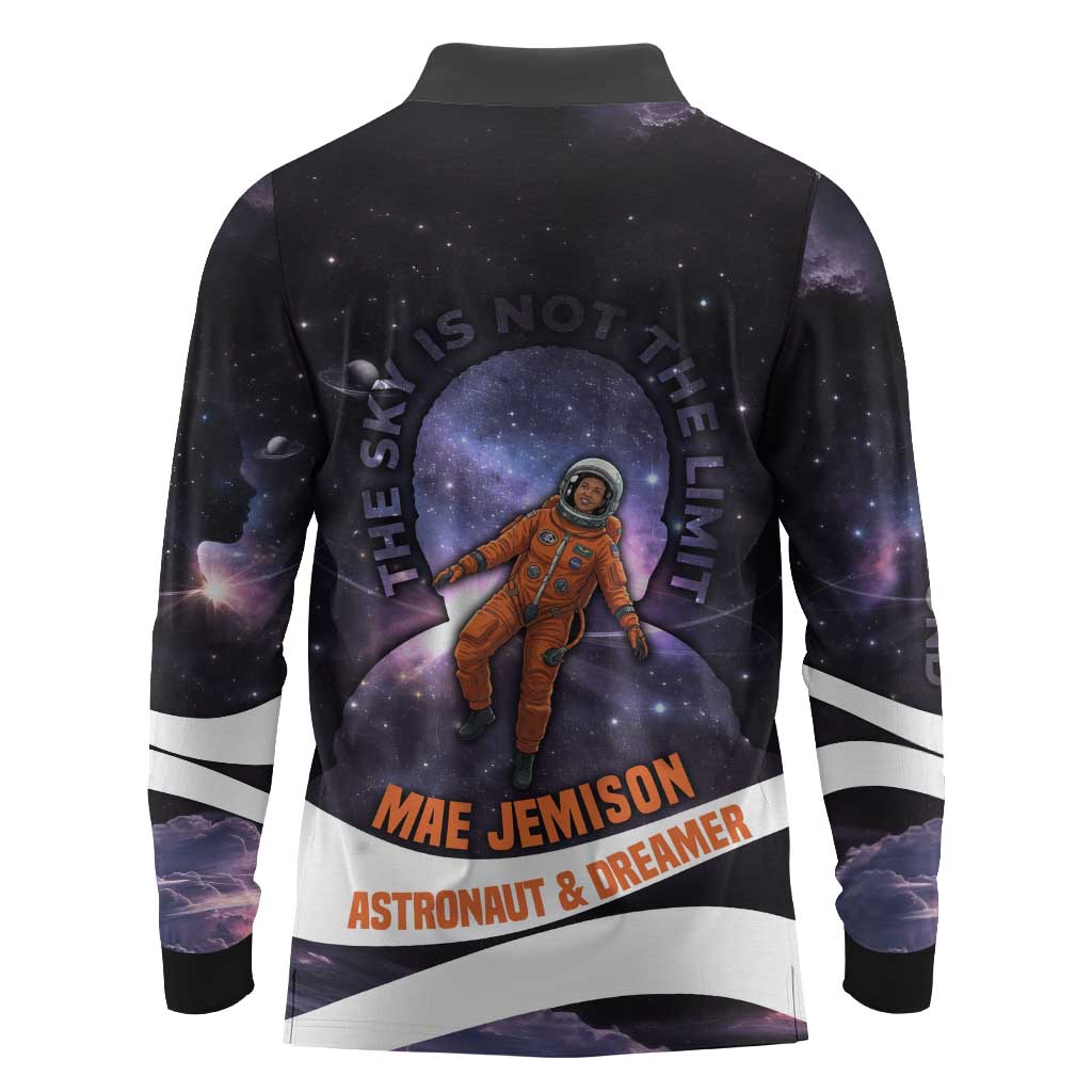Mae Jemison Long Sleeve Polo Shirt Cartoon Astronaut Portrait, The Sky Is Not the Limit Quote and Galaxy Dreamer - Wonder Print Shop