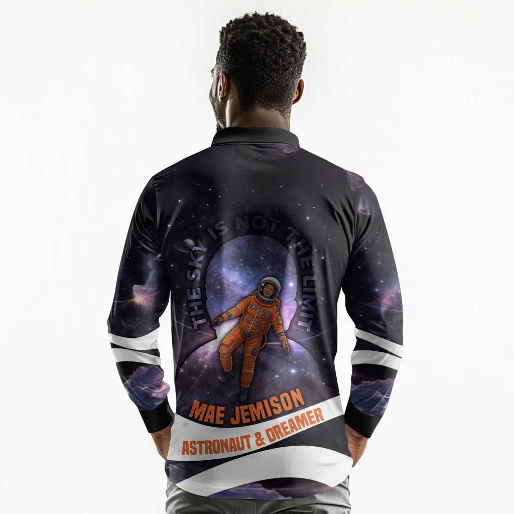 Mae Jemison Long Sleeve Polo Shirt Cartoon Astronaut Portrait, The Sky Is Not the Limit Quote and Galaxy Dreamer - Wonder Print Shop