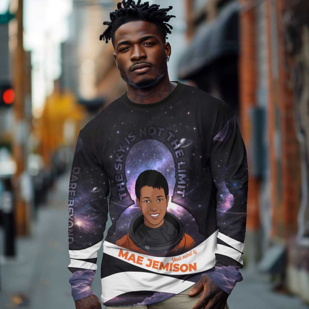Mae Jemison Long Sleeve Shirt Cartoon Astronaut Portrait, The Sky Is Not the Limit Quote and Galaxy Dreamer - Wonder Print Shop