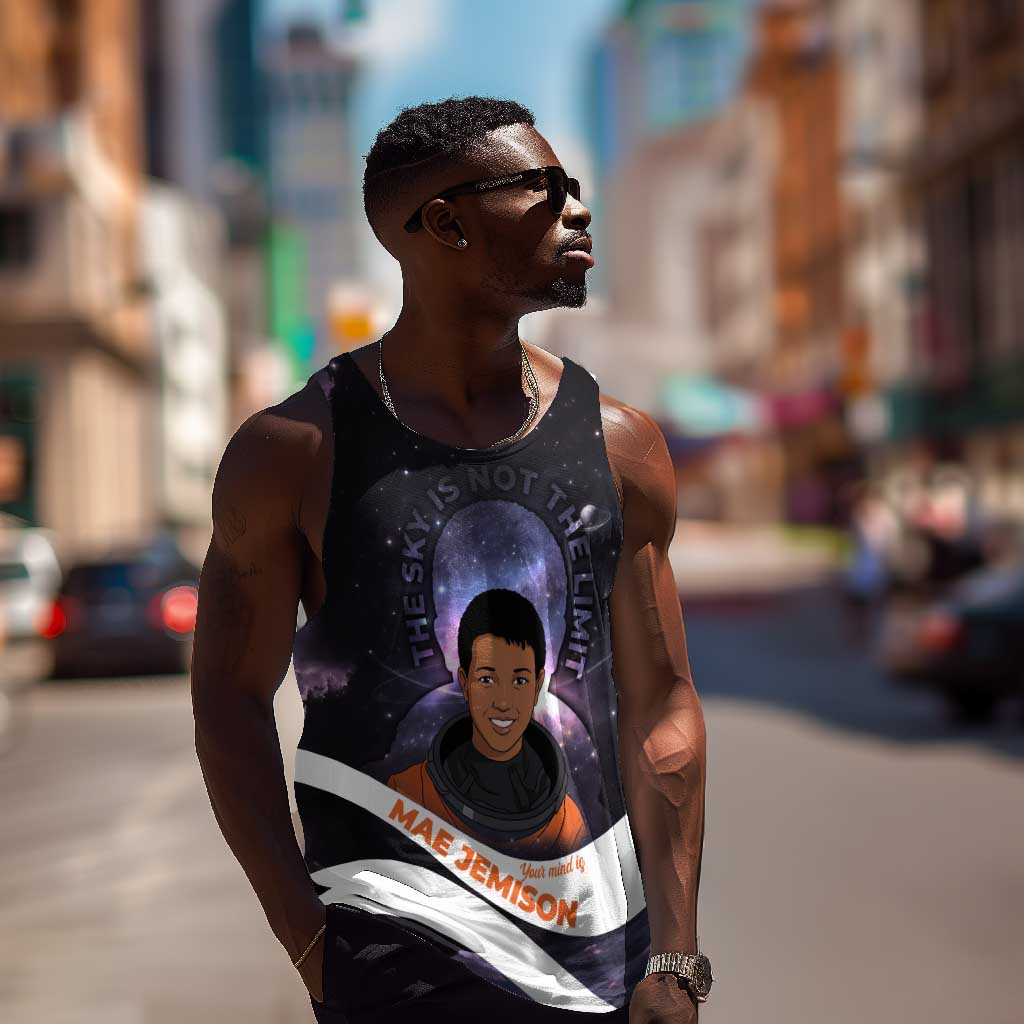 Mae Jemison Men Tank Top Cartoon Astronaut Portrait, The Sky Is Not the Limit Quote and Galaxy Dreamer - Wonder Print Shop