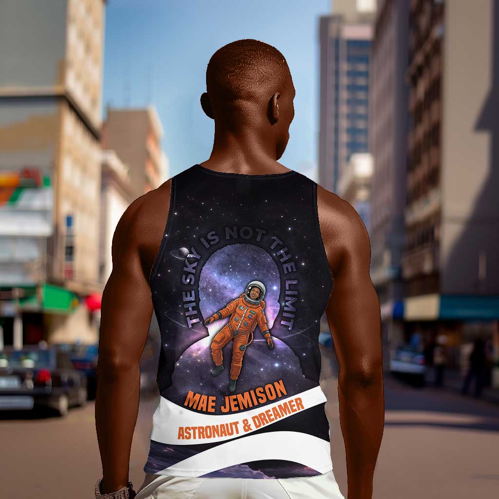 Mae Jemison Men Tank Top Cartoon Astronaut Portrait, The Sky Is Not the Limit Quote and Galaxy Dreamer - Wonder Print Shop