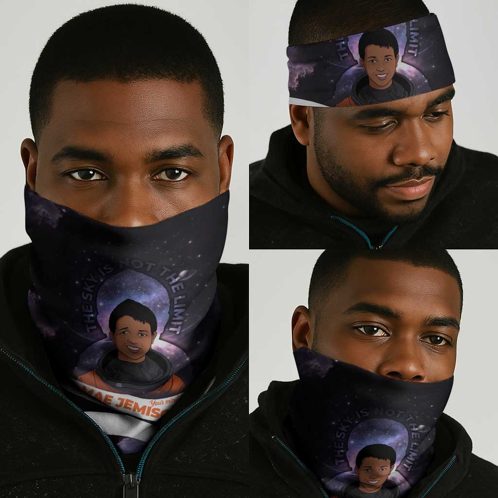 Mae Jemison Neck Gaiter Cartoon Astronaut Portrait, The Sky Is Not the Limit Quote and Galaxy Dreamer - Wonder Print Shop