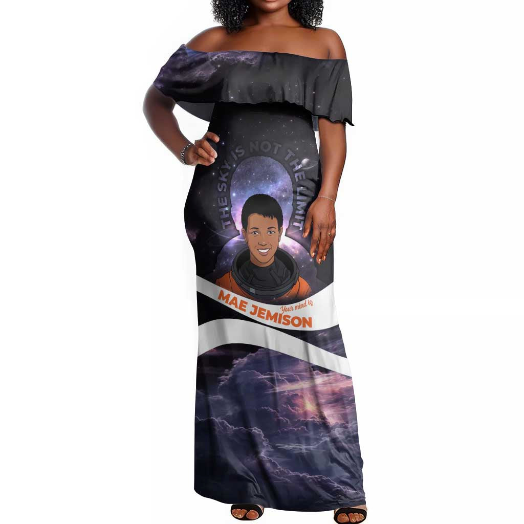 Mae Jemison Off Shoulder Maxi Dress Cartoon Astronaut Portrait, The Sky Is Not the Limit Quote and Galaxy Dreamer - Wonder Print Shop