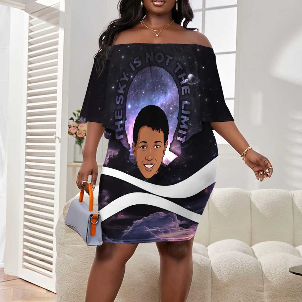Mae Jemison Off Shoulder Short Dress Cartoon Astronaut Portrait, The Sky Is Not the Limit Quote and Galaxy Dreamer - Wonder Print Shop