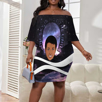 Mae Jemison Off Shoulder Short Dress Cartoon Astronaut Portrait, The Sky Is Not the Limit Quote and Galaxy Dreamer - Wonder Print Shop