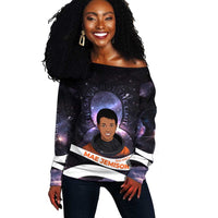 Mae Jemison Off Shoulder Sweater Cartoon Astronaut Portrait, The Sky Is Not the Limit Quote and Galaxy Dreamer - Wonder Print Shop