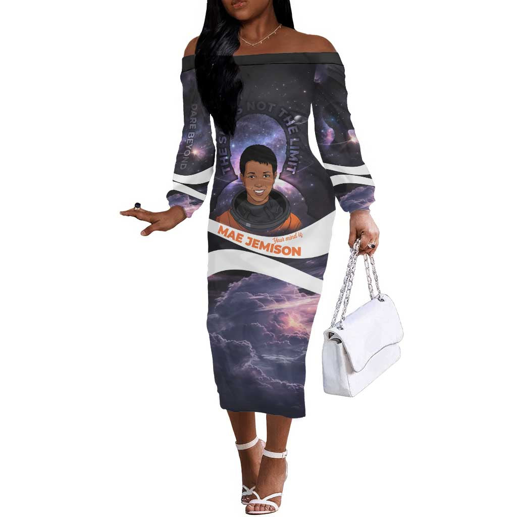 Mae Jemison Off The Shoulder Long Sleeve Dress Cartoon Astronaut Portrait, The Sky Is Not the Limit Quote and Galaxy Dreamer - Wonder Print Shop