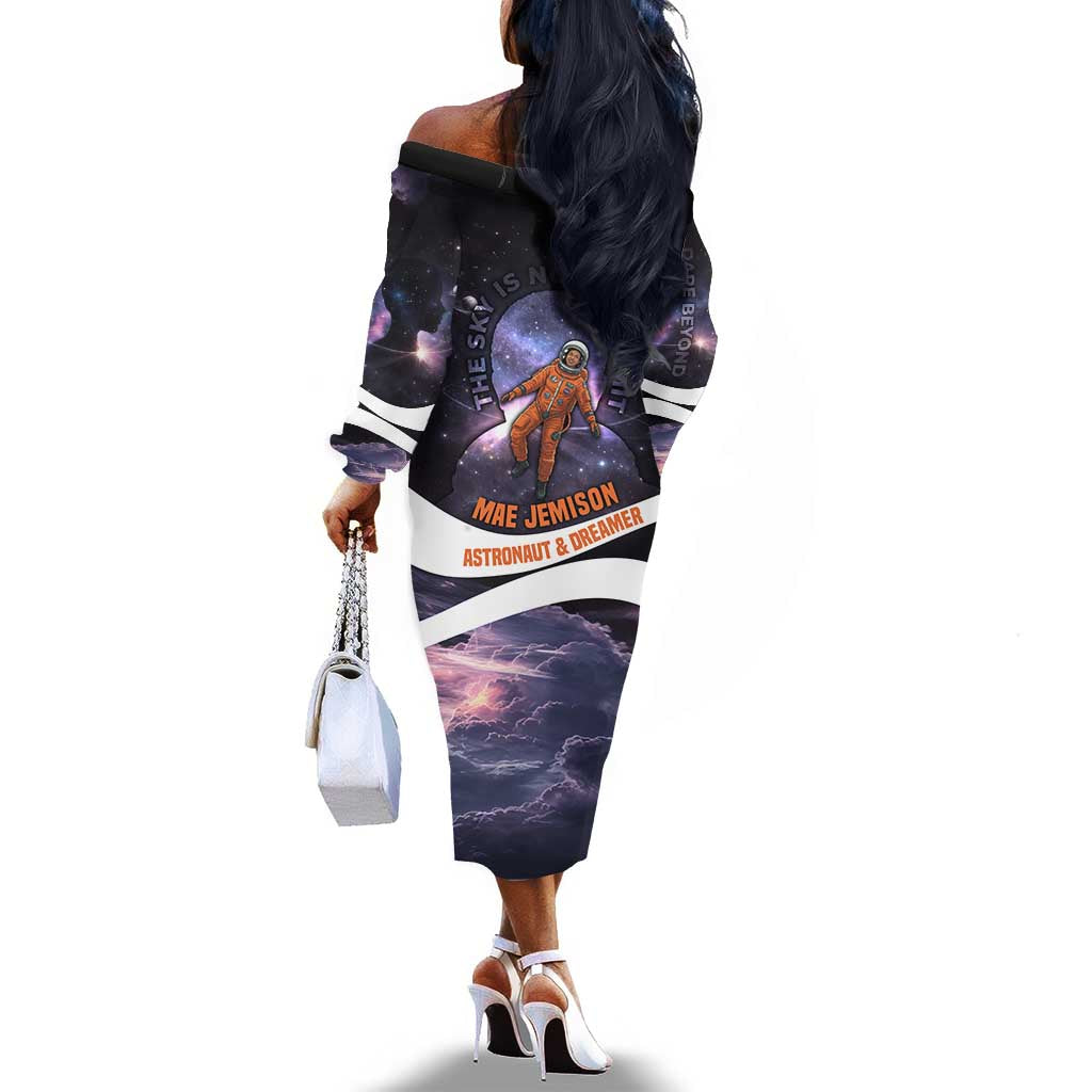 Mae Jemison Off The Shoulder Long Sleeve Dress Cartoon Astronaut Portrait, The Sky Is Not the Limit Quote and Galaxy Dreamer - Wonder Print Shop