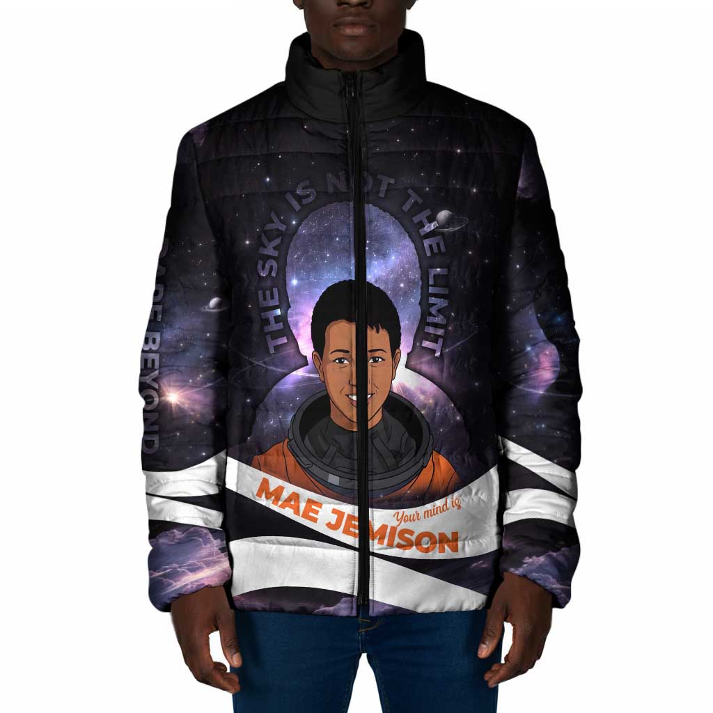 Mae Jemison Padded Jacket Cartoon Astronaut Portrait, The Sky Is Not the Limit Quote and Galaxy Dreamer - Wonder Print Shop