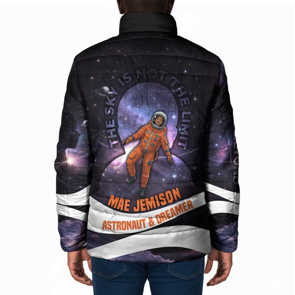 Mae Jemison Padded Jacket Cartoon Astronaut Portrait, The Sky Is Not the Limit Quote and Galaxy Dreamer - Wonder Print Shop