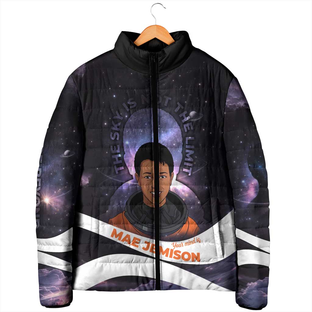 Mae Jemison Padded Jacket Cartoon Astronaut Portrait, The Sky Is Not the Limit Quote and Galaxy Dreamer - Wonder Print Shop