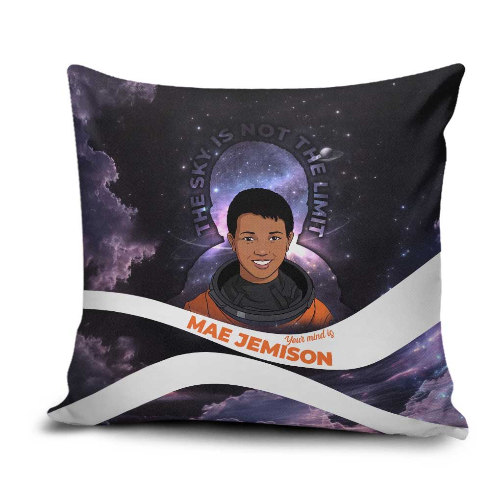 Mae Jemison Pillow Cover Cartoon Astronaut Portrait, The Sky Is Not the Limit Quote and Galaxy Dreamer - Wonder Print Shop