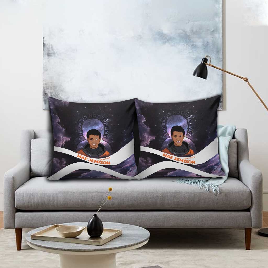 Mae Jemison Pillow Cover Cartoon Astronaut Portrait, The Sky Is Not the Limit Quote and Galaxy Dreamer - Wonder Print Shop