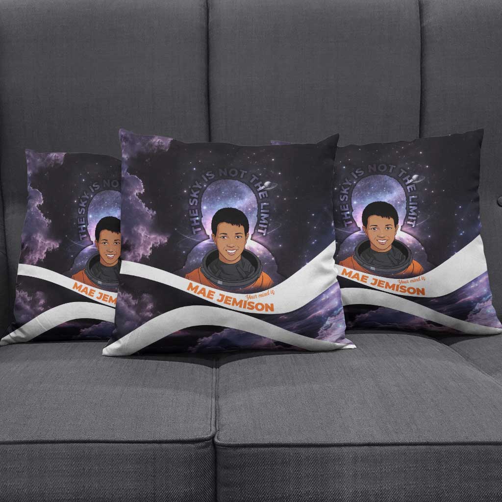 Mae Jemison Pillow Cover Cartoon Astronaut Portrait, The Sky Is Not the Limit Quote and Galaxy Dreamer - Wonder Print Shop