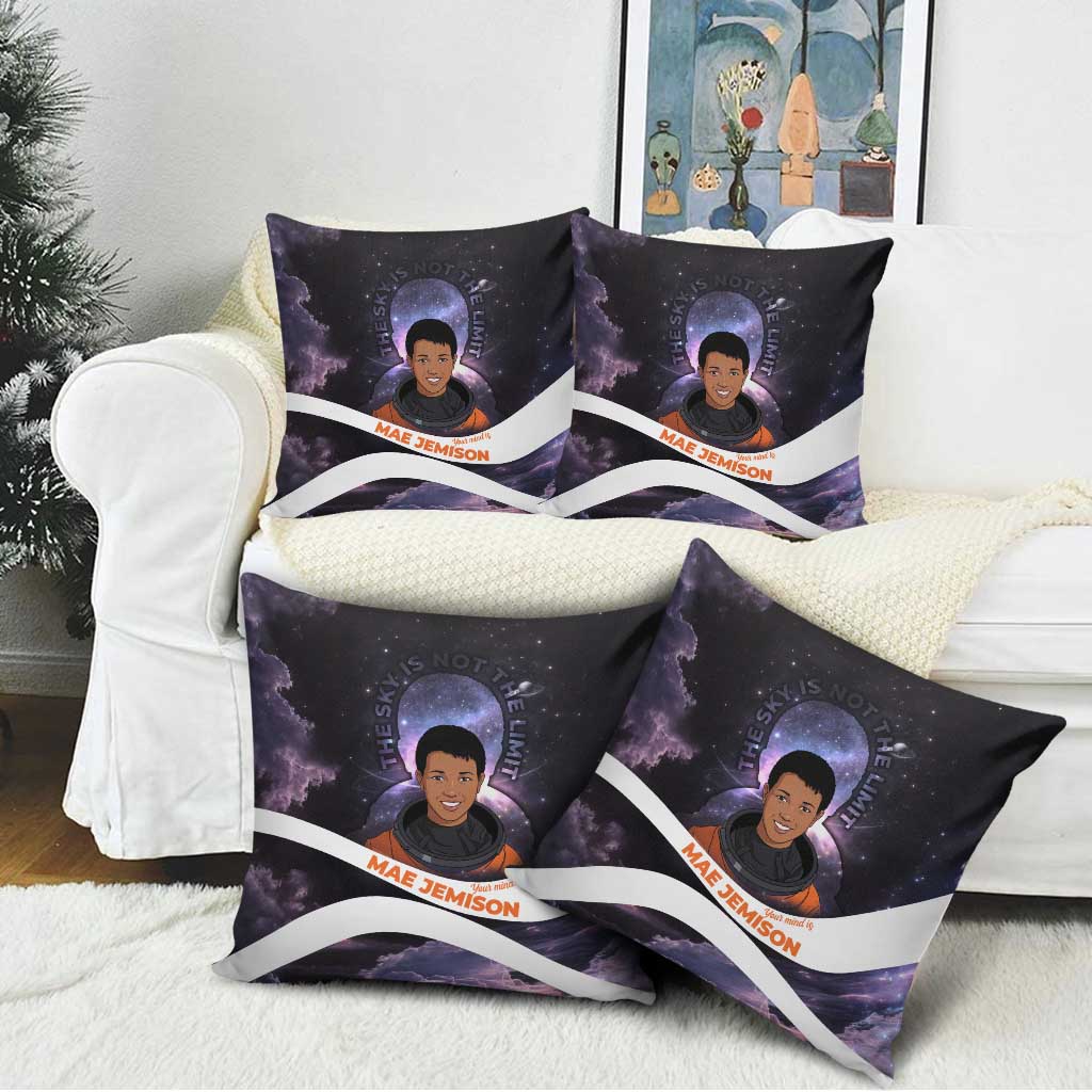 Mae Jemison Pillow Cover Cartoon Astronaut Portrait, The Sky Is Not the Limit Quote and Galaxy Dreamer - Wonder Print Shop