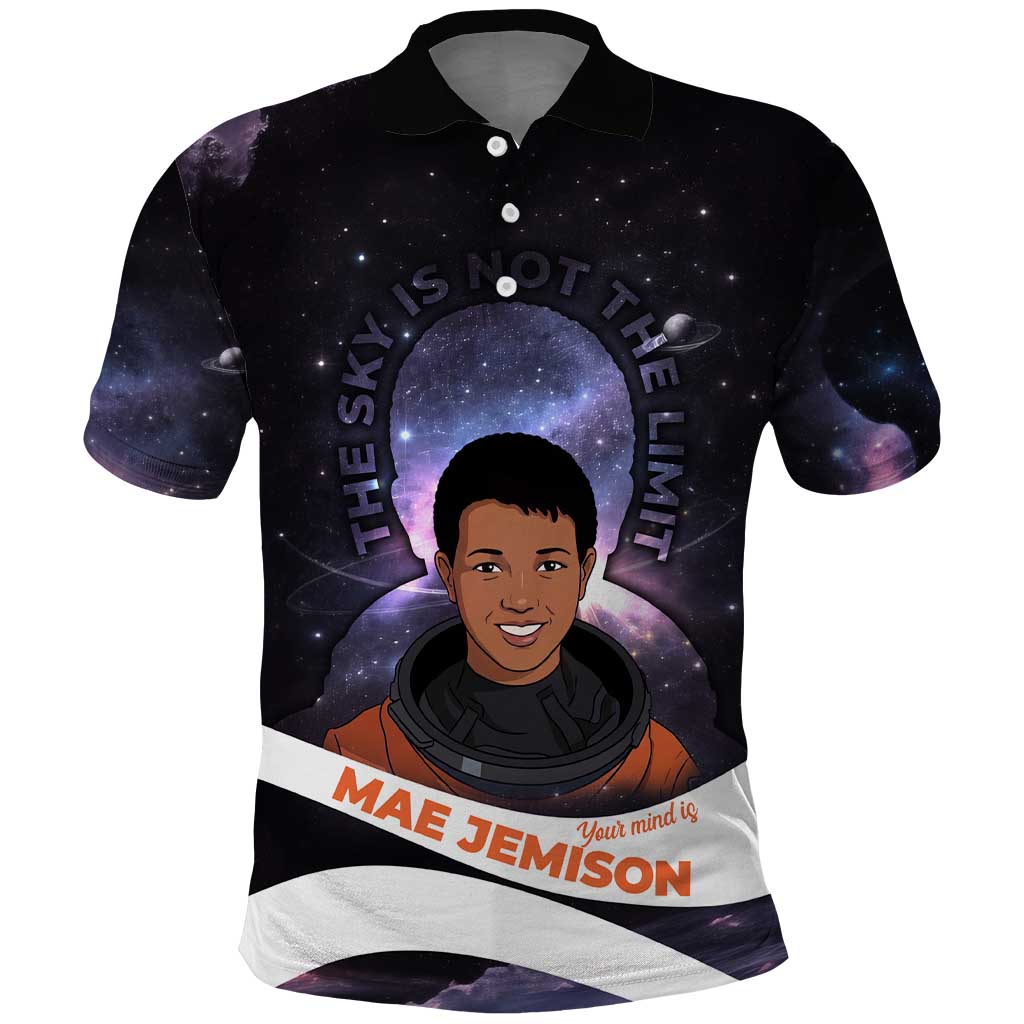 Mae Jemison Polo Shirt Cartoon Astronaut Portrait, The Sky Is Not the Limit Quote and Galaxy Dreamer - Wonder Print Shop