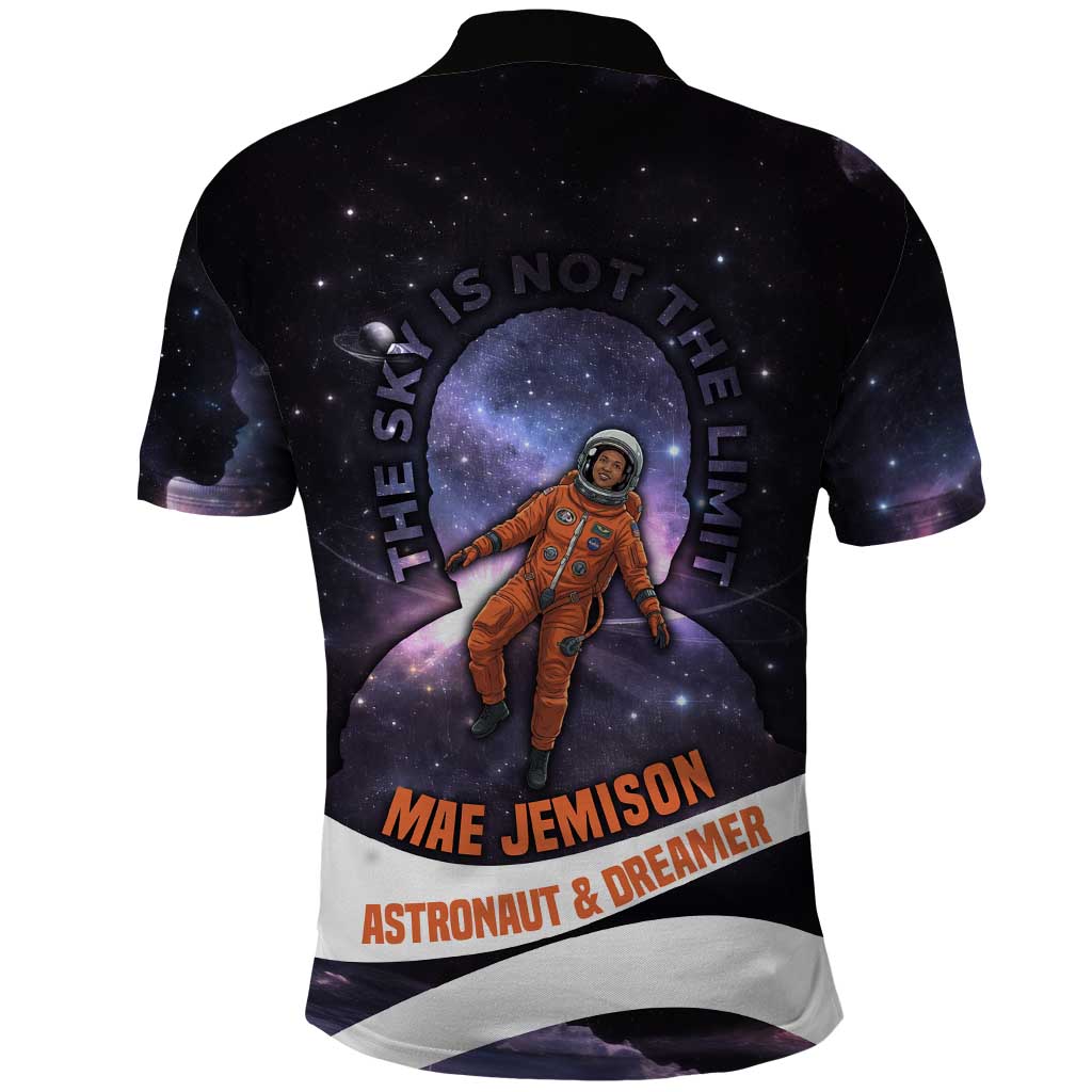 Mae Jemison Polo Shirt Cartoon Astronaut Portrait, The Sky Is Not the Limit Quote and Galaxy Dreamer - Wonder Print Shop