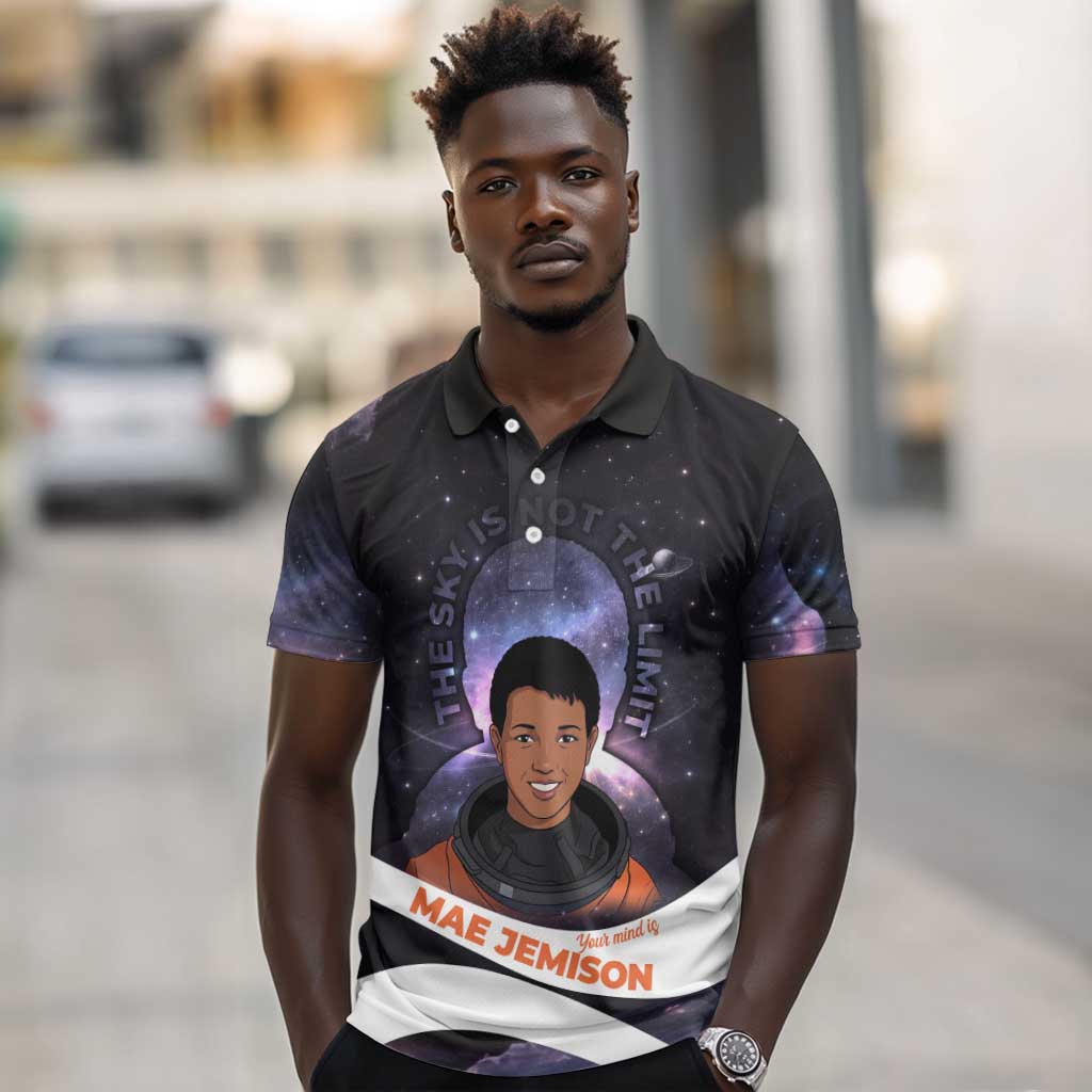 Mae Jemison Polo Shirt Cartoon Astronaut Portrait, The Sky Is Not the Limit Quote and Galaxy Dreamer - Wonder Print Shop