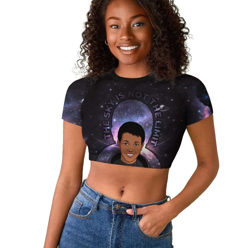 Mae Jemison Raglan Cropped T shirt Cartoon Astronaut Portrait, The Sky Is Not the Limit Quote and Galaxy Dreamer - Wonder Print Shop