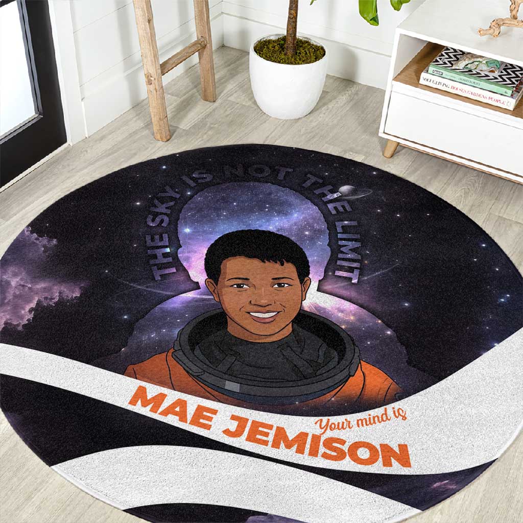 Mae Jemison Round Carpet Cartoon Astronaut Portrait, The Sky Is Not the Limit Quote and Galaxy Dreamer - Wonder Print Shop