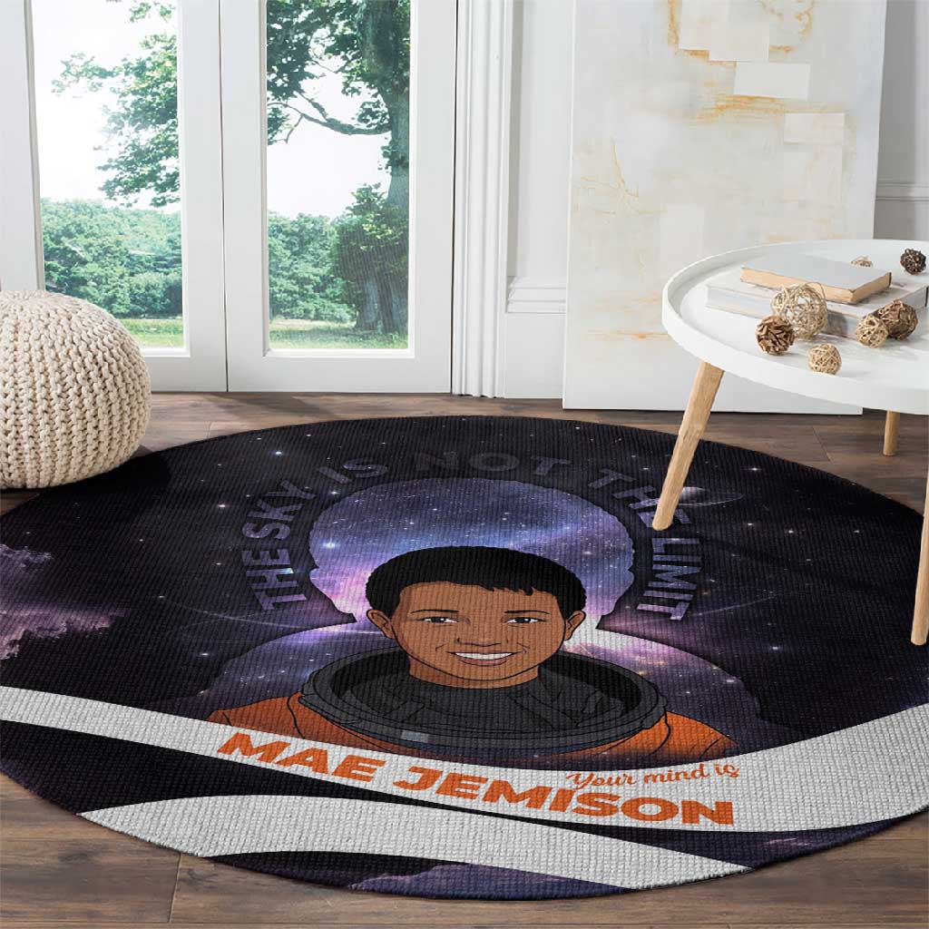 Mae Jemison Round Carpet Cartoon Astronaut Portrait, The Sky Is Not the Limit Quote and Galaxy Dreamer - Wonder Print Shop