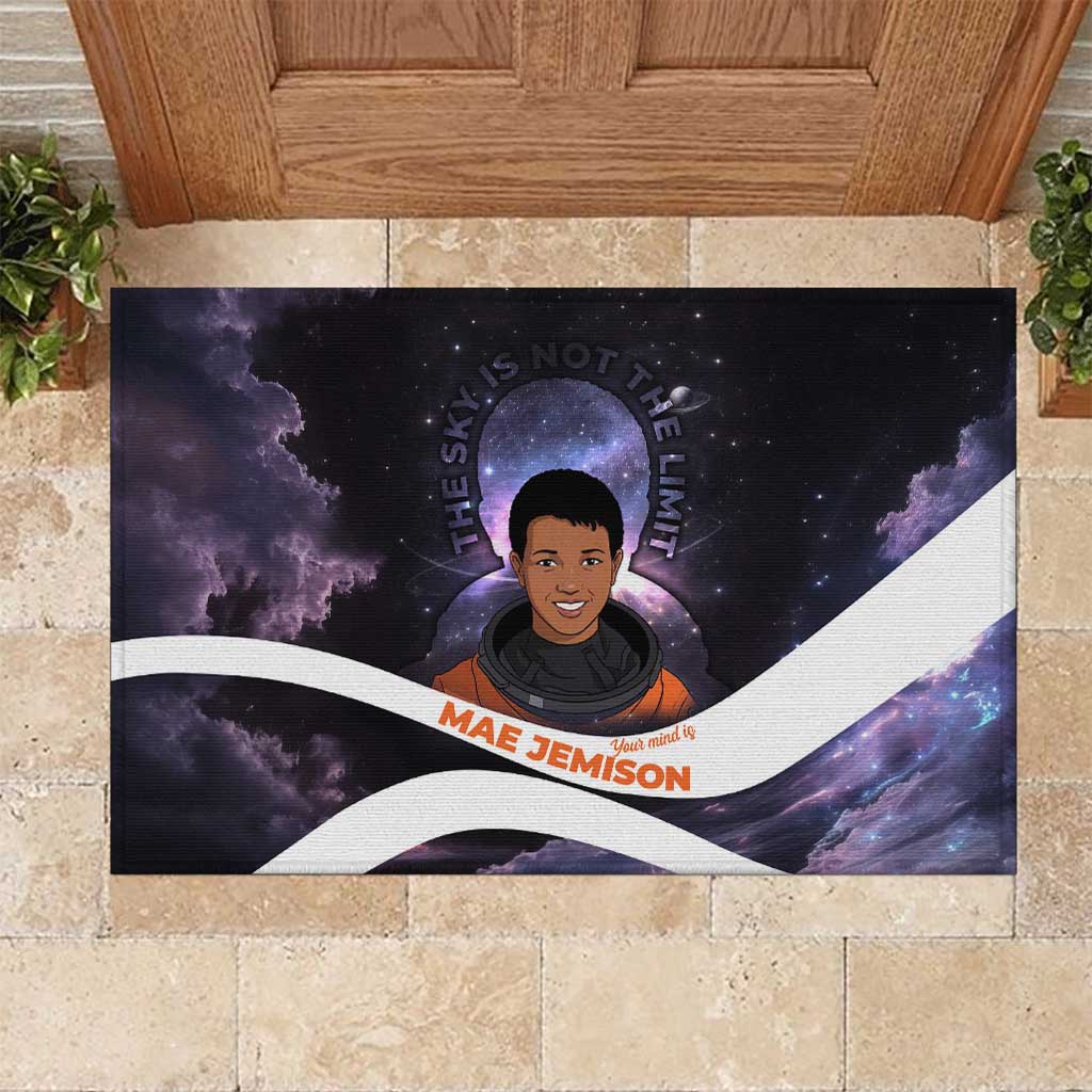 Mae Jemison Rubber Doormat Cartoon Astronaut Portrait, The Sky Is Not the Limit Quote and Galaxy Dreamer - Wonder Print Shop