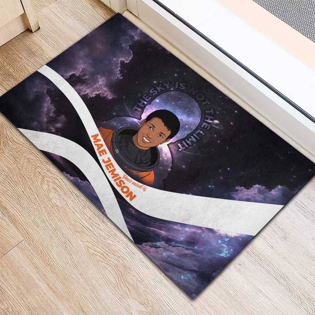 Mae Jemison Rubber Doormat Cartoon Astronaut Portrait, The Sky Is Not the Limit Quote and Galaxy Dreamer - Wonder Print Shop