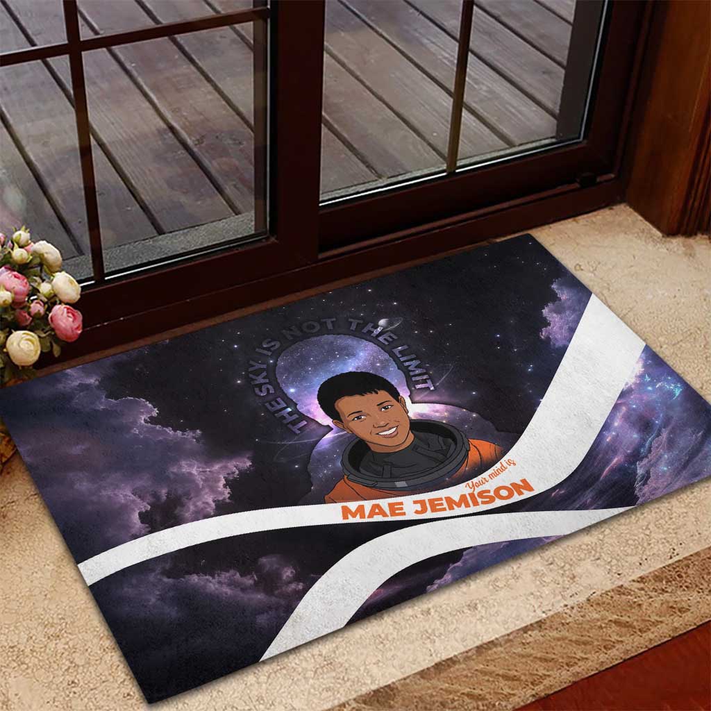 Mae Jemison Rubber Doormat Cartoon Astronaut Portrait, The Sky Is Not the Limit Quote and Galaxy Dreamer - Wonder Print Shop