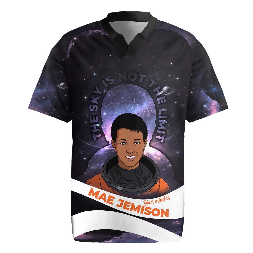 Mae Jemison Rugby Jersey Cartoon Astronaut Portrait, The Sky Is Not the Limit Quote and Galaxy Dreamer - Wonder Print Shop