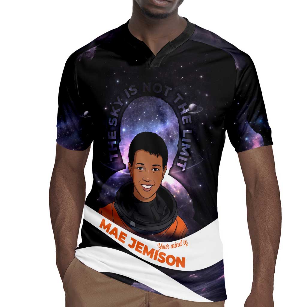 Mae Jemison Rugby Jersey Cartoon Astronaut Portrait, The Sky Is Not the Limit Quote and Galaxy Dreamer - Wonder Print Shop
