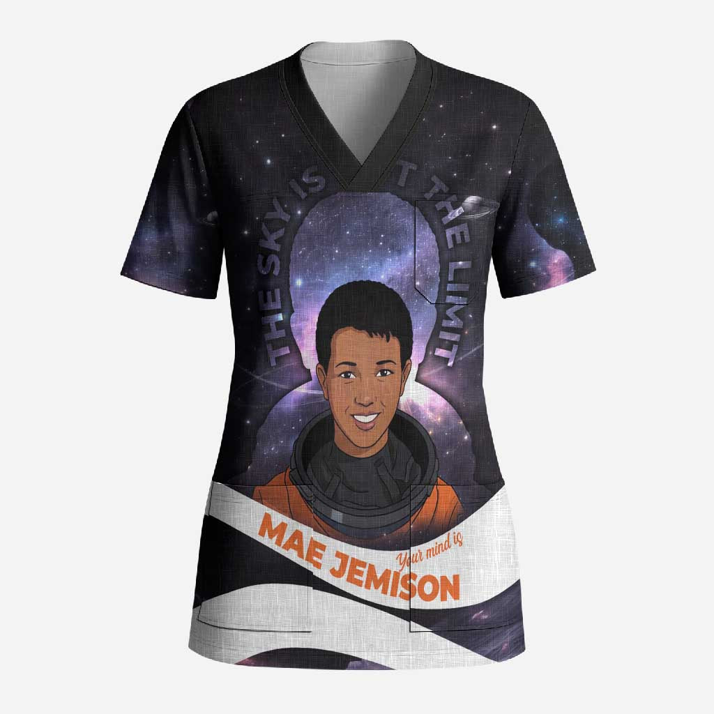 Mae Jemison Scrub Top Cartoon Astronaut Portrait, The Sky Is Not the Limit Quote and Galaxy Dreamer - Wonder Print Shop