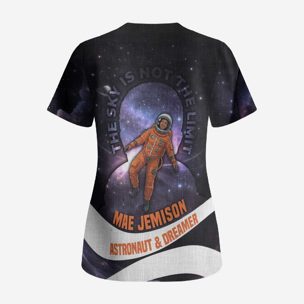 Mae Jemison Scrub Top Cartoon Astronaut Portrait, The Sky Is Not the Limit Quote and Galaxy Dreamer - Wonder Print Shop