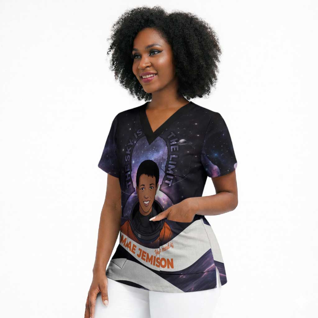 Mae Jemison Scrub Top Cartoon Astronaut Portrait, The Sky Is Not the Limit Quote and Galaxy Dreamer - Wonder Print Shop