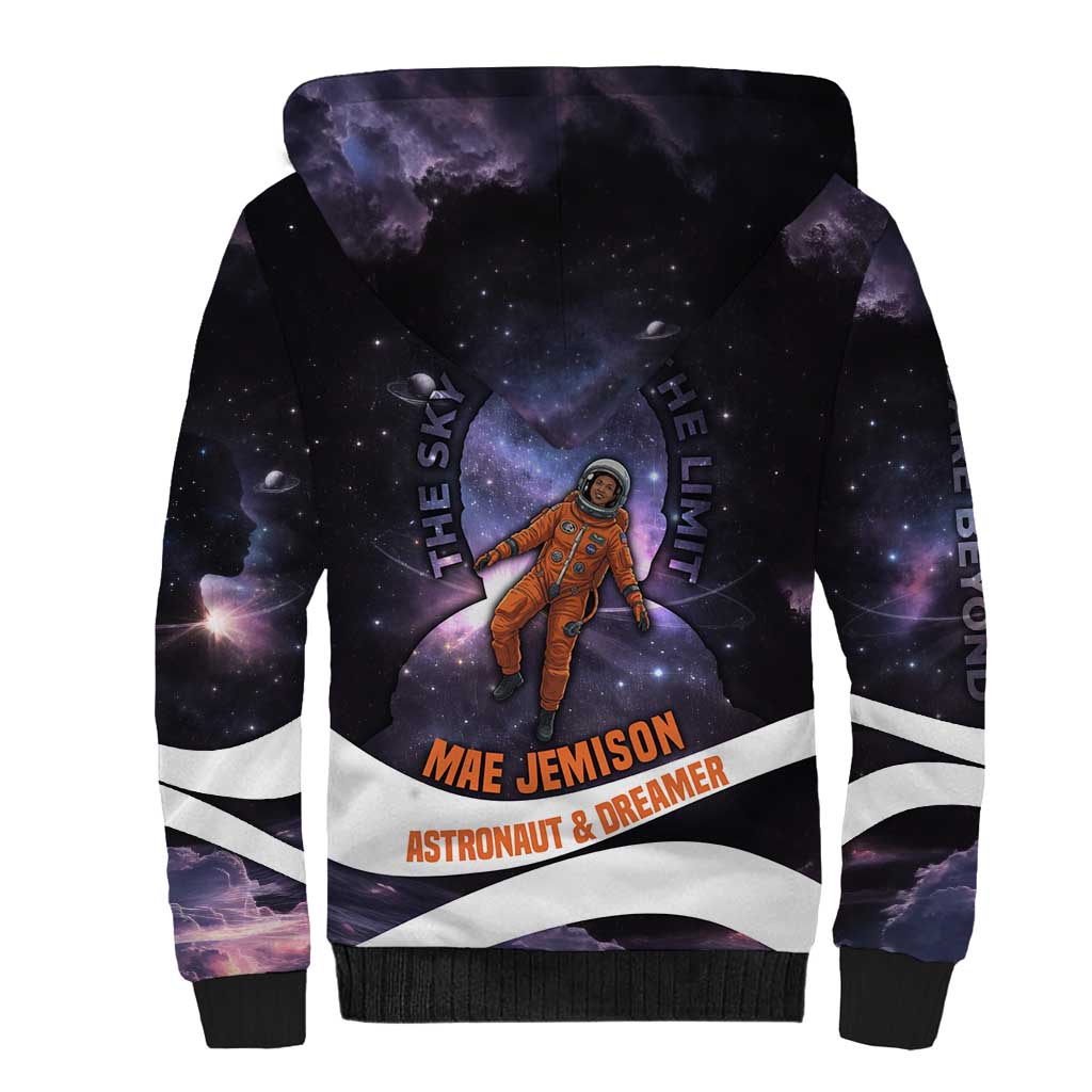 Mae Jemison Sherpa Hoodie Cartoon Astronaut Portrait, The Sky Is Not the Limit Quote and Galaxy Dreamer - Wonder Print Shop