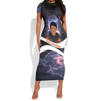 Mae Jemison Short Sleeve Bodycon Dress Cartoon Astronaut Portrait, The Sky Is Not the Limit Quote and Galaxy Dreamer - Wonder Print Shop