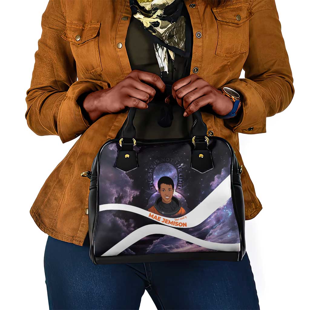 Mae Jemison Shoulder Handbag Cartoon Astronaut Portrait, The Sky Is Not the Limit Quote and Galaxy Dreamer - Wonder Print Shop