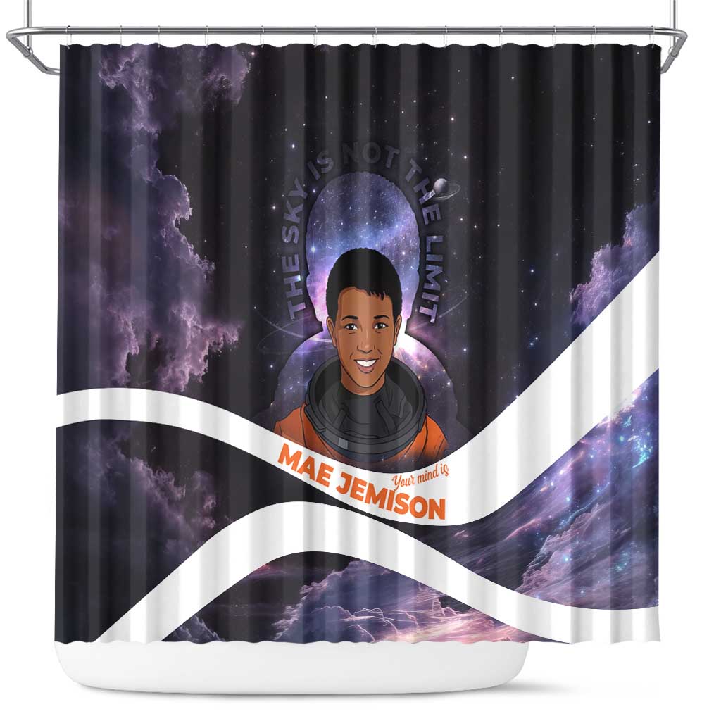 Mae Jemison Shower Curtain Cartoon Astronaut Portrait, The Sky Is Not the Limit Quote and Galaxy Dreamer - Wonder Print Shop
