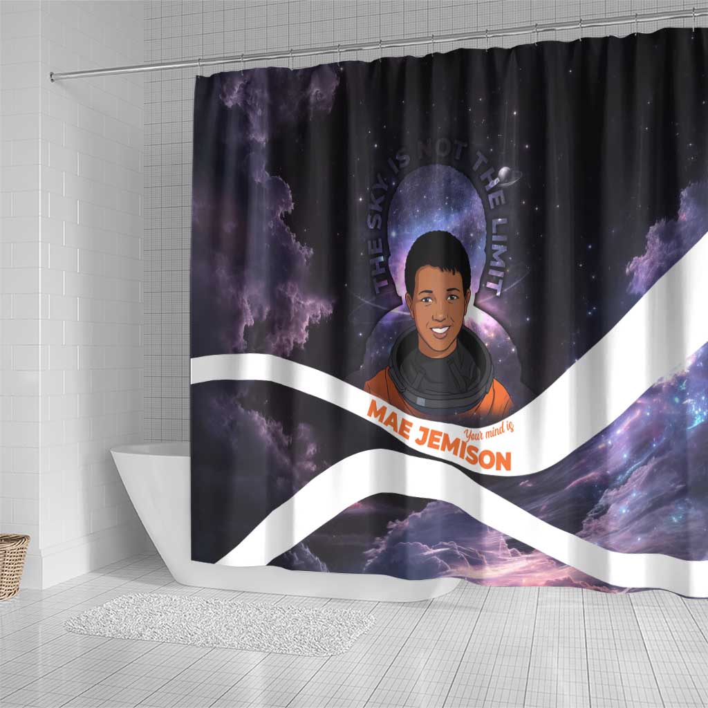 Mae Jemison Shower Curtain Cartoon Astronaut Portrait, The Sky Is Not the Limit Quote and Galaxy Dreamer - Wonder Print Shop