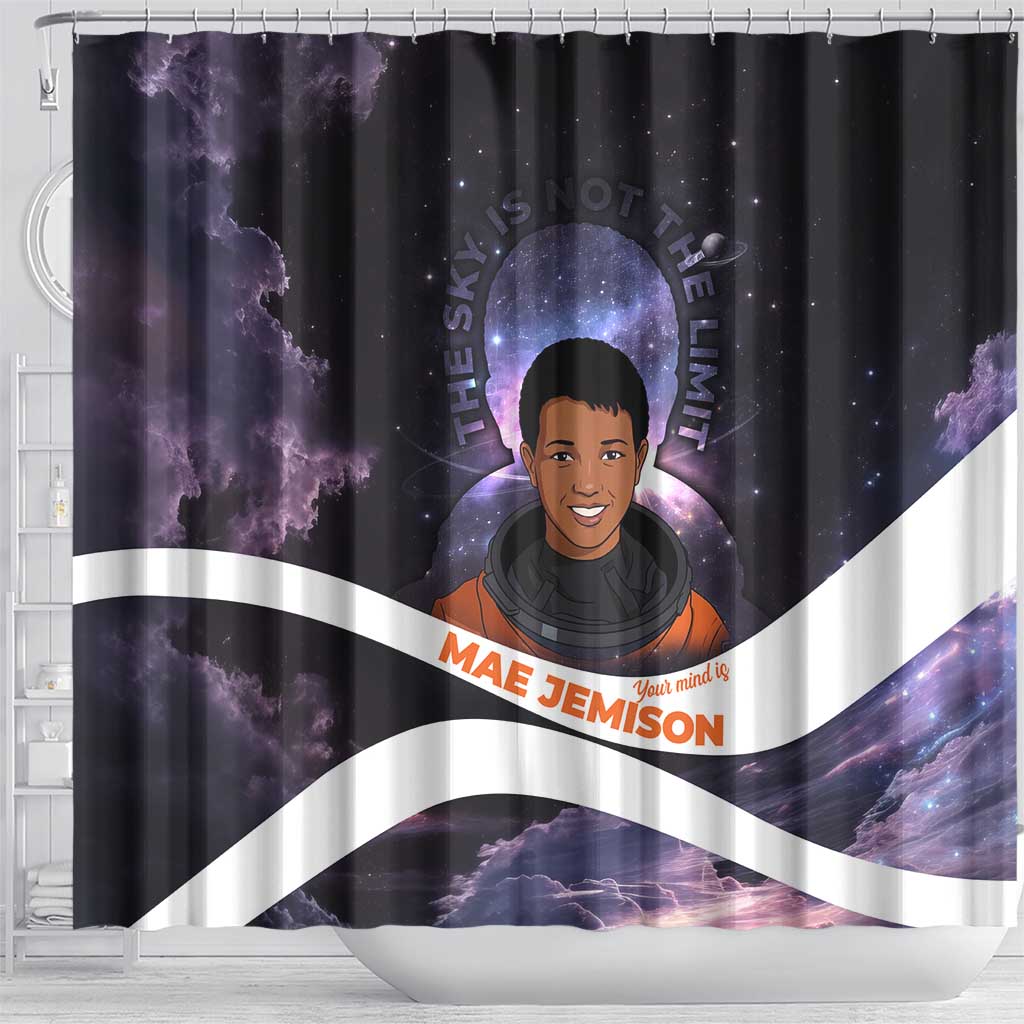 Mae Jemison Shower Curtain Cartoon Astronaut Portrait, The Sky Is Not the Limit Quote and Galaxy Dreamer - Wonder Print Shop