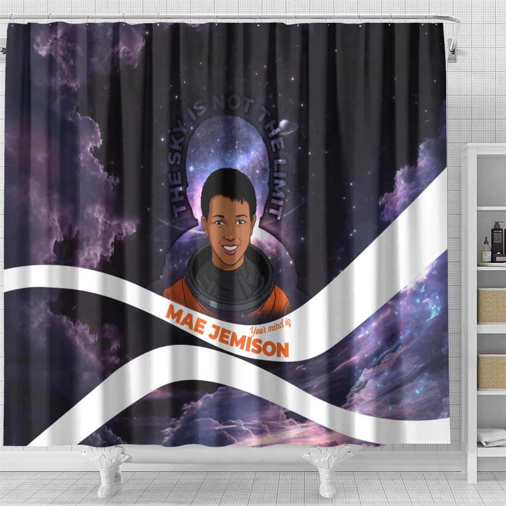 Mae Jemison Shower Curtain Cartoon Astronaut Portrait, The Sky Is Not the Limit Quote and Galaxy Dreamer - Wonder Print Shop