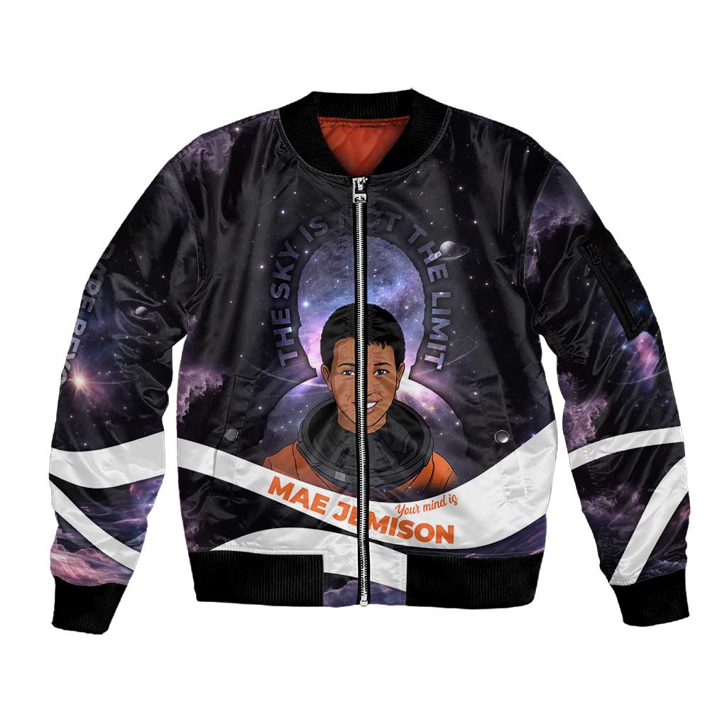 Mae Jemison Sleeve Zip Bomber Jacket Cartoon Astronaut Portrait, The Sky Is Not the Limit Quote and Galaxy Dreamer - Wonder Print Shop