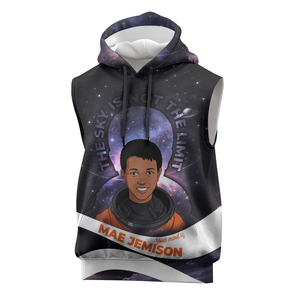Mae Jemison Sleeveless Hoodie Cartoon Astronaut Portrait, The Sky Is Not the Limit Quote and Galaxy Dreamer - Wonder Print Shop