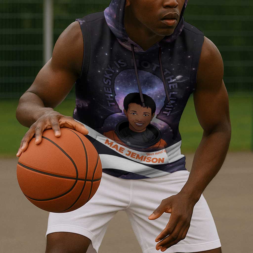 Mae Jemison Sleeveless Hoodie Cartoon Astronaut Portrait, The Sky Is Not the Limit Quote and Galaxy Dreamer - Wonder Print Shop
