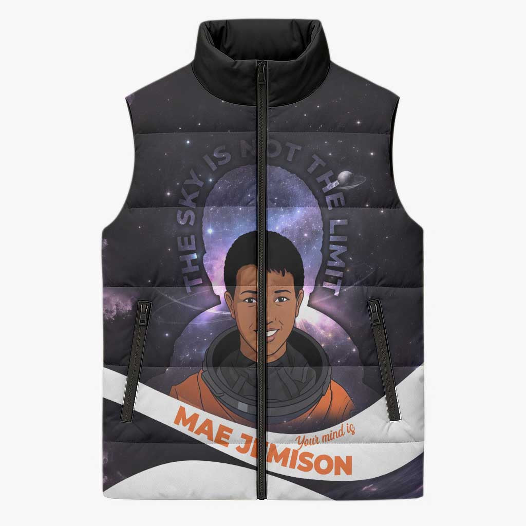 Mae Jemison Sleeveless Puffer Jacket Cartoon Astronaut Portrait, The Sky Is Not the Limit Quote and Galaxy Dreamer - Wonder Print Shop